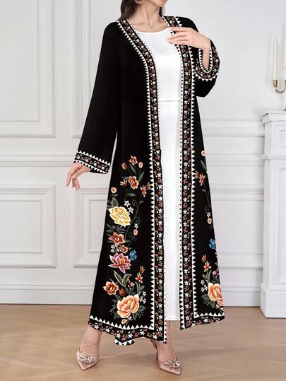 Al Najma 1pc Women Comfortable Black Arabic Style Long Abaya, Ramadan Robe, Traditional Apparel For All Seasons. Featuring Ramadan Holiday Print Pattern, Elegant Floral Design, Mysterious And Luxurious. Suitable For Women's Daily Wear, Dating, Casual, Party, Festival,Modest