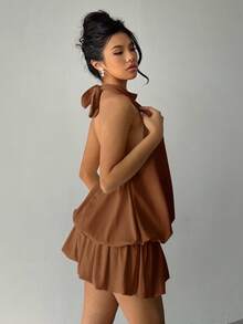 Aloruh Women's Casual Vacation Style Solid Color Backless Tie Knot Ruffle Hem Mini Dress, Summer - Coffee Brown - View 6