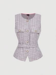 SHEIN MOD Áo vest blazer nhẹ thanh lịch dành cho nữ (có thắt lưng) - Hồng - Xem 1