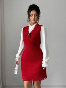Elenzga Women's Solid Color Elegant Knit Sweater Dress - Red - View 6