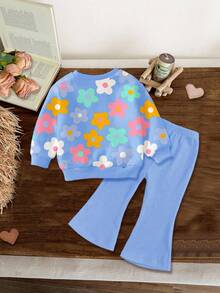 SHEIN 柔和的粉红色，可爱的多巴胺花朵图案，年轻女孩休闲简约圆领长袖运动衫和喇叭裤套装，适合秋冬季，秋季服装，轻松舒适，儿童秋季分层，时尚儿童，休闲装，儿童图案服装，返校，秋季服装 - 彩色 - 查看 2