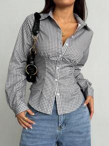 Jeanoix 女式复古格子修身性感衬衫 - 灰色 - 查看 4