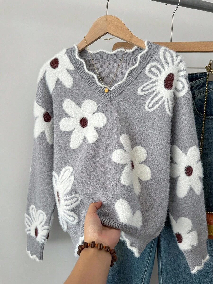 SHEIN Tween 女童时尚休闲花卉 V 领厚针织套头衫,女童浅灰色套头衫,时尚外出,秋冬 - 淺灰色 - 查看 1