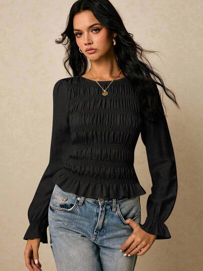 Poéselle Blusa de mujer de unicolor con cuello redondo y manga larga plisada