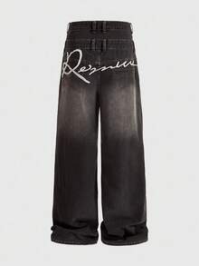 ROMWE MEN Casual 男士宽松阔腿休闲牛仔裤，双腰带 - 深灰色 - 查看 2