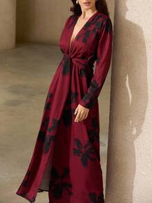 Aveloria Rosie Red & Black Floral Print Maxi Dress With Tie Knot Detail, Sexy Deep V-Neck, Long Sleeve, Stretchy