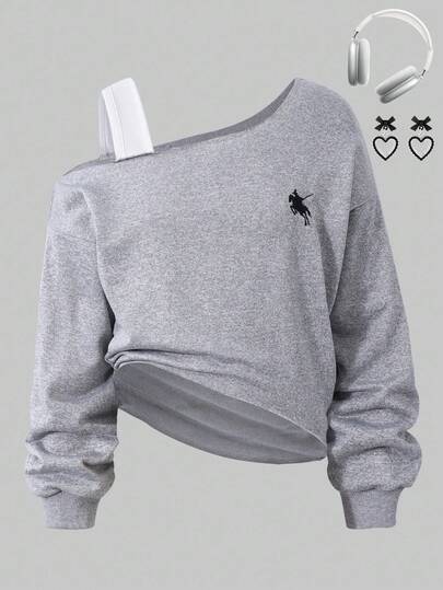 青少年女孩蝴蝶结印花不对称露肩不对称下摆休闲运动衫