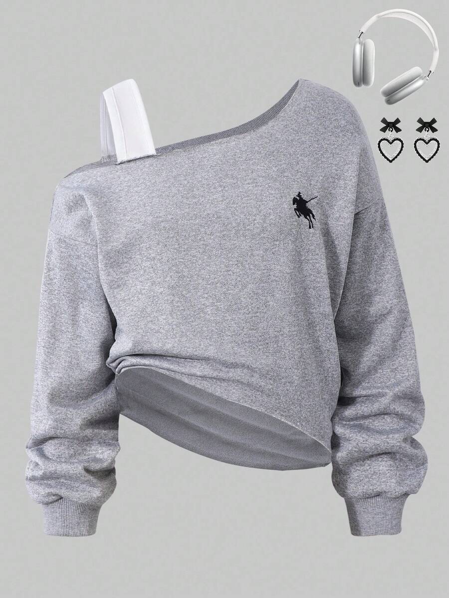 青少年女孩蝴蝶结印花不对称露肩不对称下摆休闲运动衫 - 灰色 - 查看 1