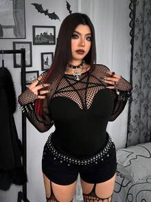 SHEIN CURVE+ Whyspr 加大码女式休闲圆领长袖 T 恤，采用大胆、前卫、暗黑朋克风格网眼拼布和星形丝带装饰，适合日常穿着、独立日、度假、返校、节日 - 黑色 - 查看 4