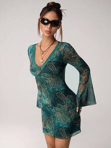 SHEIN ICON Y2K 女式波西米亚复古佩斯利印花蓝绿色休闲长袖V领收腰迷你连衣裙 - 彩色 - 查看 4