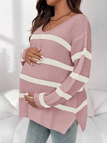 SHEIN Maternity Casual Striped V-Neck Sweater Fall - Dusty Pink - View 4