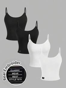 SHEIN EZwear 4 件套女士休闲紧身字母刺绣图案短款背心套装，百搭、舒适、时尚，适合夏季 - 彩色 - 查看 1