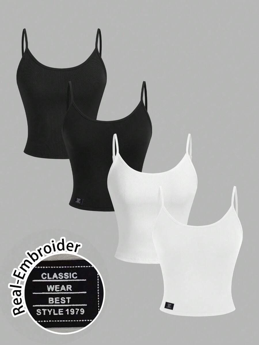 SHEIN EZwear 4 件套女士休闲紧身字母刺绣图案短款背心套装，百搭、舒适、时尚，适合夏季 - 彩色 - 查看 1