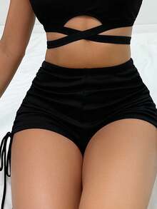 Swim Basics Summer Beach Ladies' Solid Hollow Out Bandeau Bikini Set With Ruched Detail Rave Lollapalooza - Black - View 3