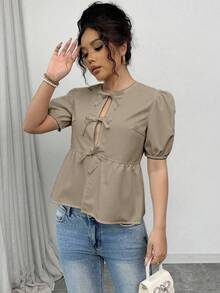 Rafferiza 女款泡泡袖上衣女襯衫蝴蝶結肩帶 - 咖啡棕 - 查看 6