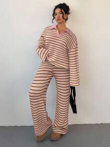 Siren Gaze 女式两件套宽松条纹 V 领落肩长袖 T 恤和松紧腰条纹裤，冬季毛衣套装，秋冬 - 粉色 - 查看 5