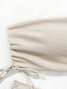 Swim Basics Summer Beach Ribbed Bikini Set Drawstring Side Bandeau Top & Tie Side Bottom 2 Piece Bathing Suit - Apricot - View 4