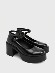 Sugerpunk Women's Thick Sole Adjustable Buckle Design Dark Punk Style High Heel Pumps - Black - View 3