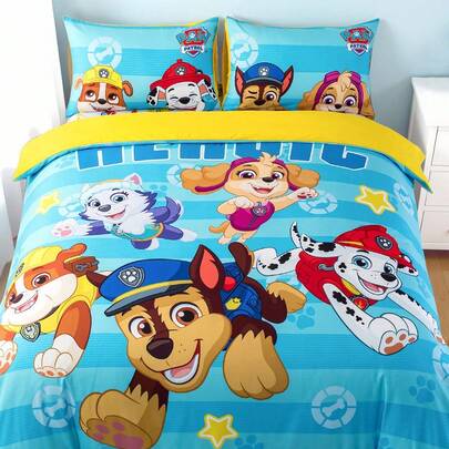 SHEIN | PAW Patrol 3pcs Cute Cartoon Pattern Duvet Cover Set, Brushed Material, Soft & Warm, Blue Striped Duvet Cover, Multiple Sizes Suitable For Twin/Full/Queen/King Bed, Back To School