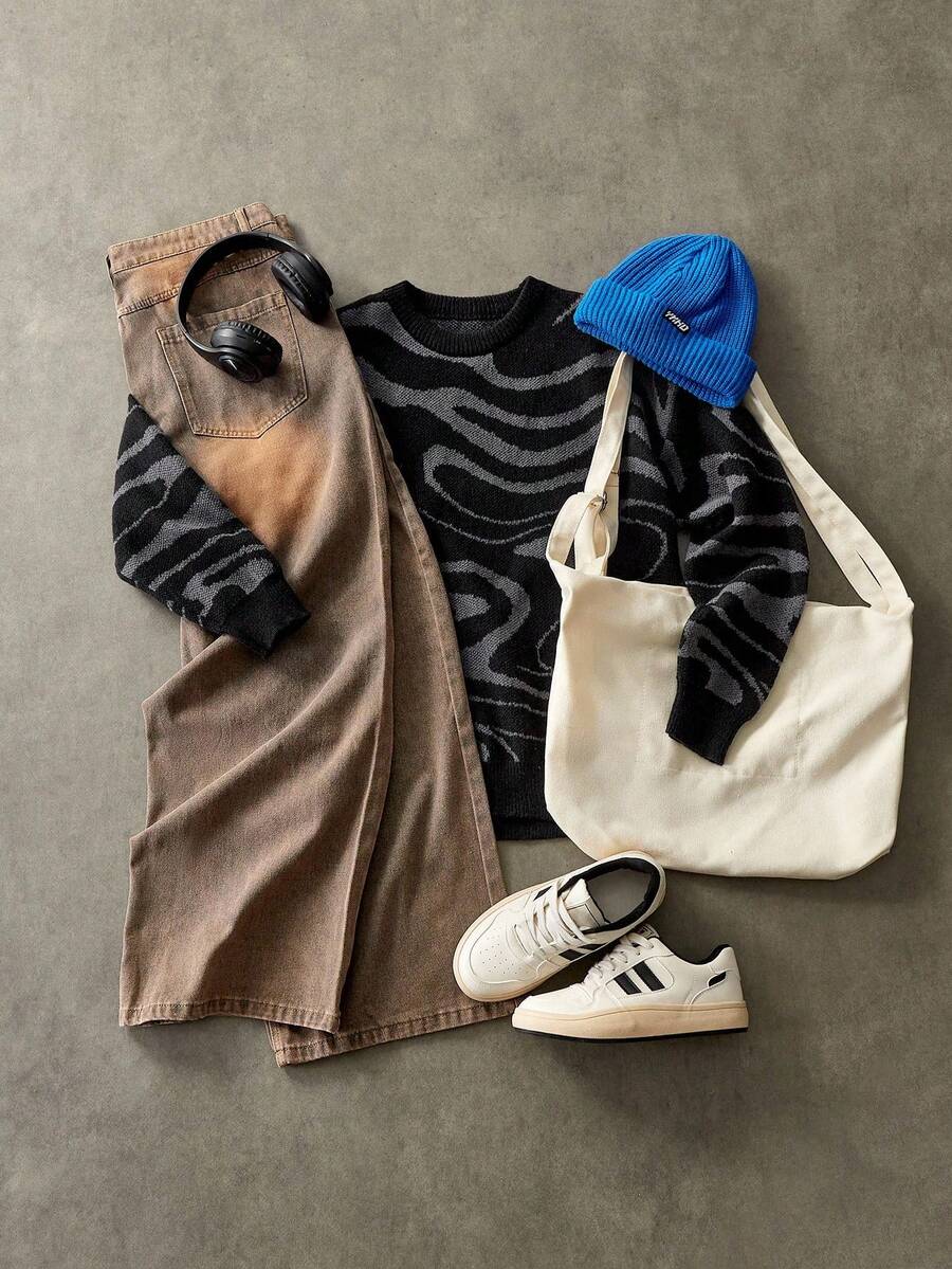 Manfinity Hypemode 大码男士休闲拼色波浪纹毛衣，秋冬 - 黑色 - 查看 1