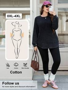 SHEIN LUNE Sudadera casual lavada de talla grande, otoño e invierno para mujer, apta para uso diario, ir a trabajar y uso casual, esencial para uso diario, trayecto y actividades al aire libre, top sencillo de mujer, unicolor - Negro - Ver 9