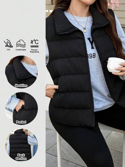 SHEIN LUNE 大码纯色简约无袖夹棉大衣，休闲时尚