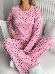 SHEIN Cottnline Cotton Plus Size Women Heart Letter Pattern Rib Knit Round Neck With Long Sleeve Top&Pants Homewear Comfort Lounge Set For Ladies - Pink - View 3