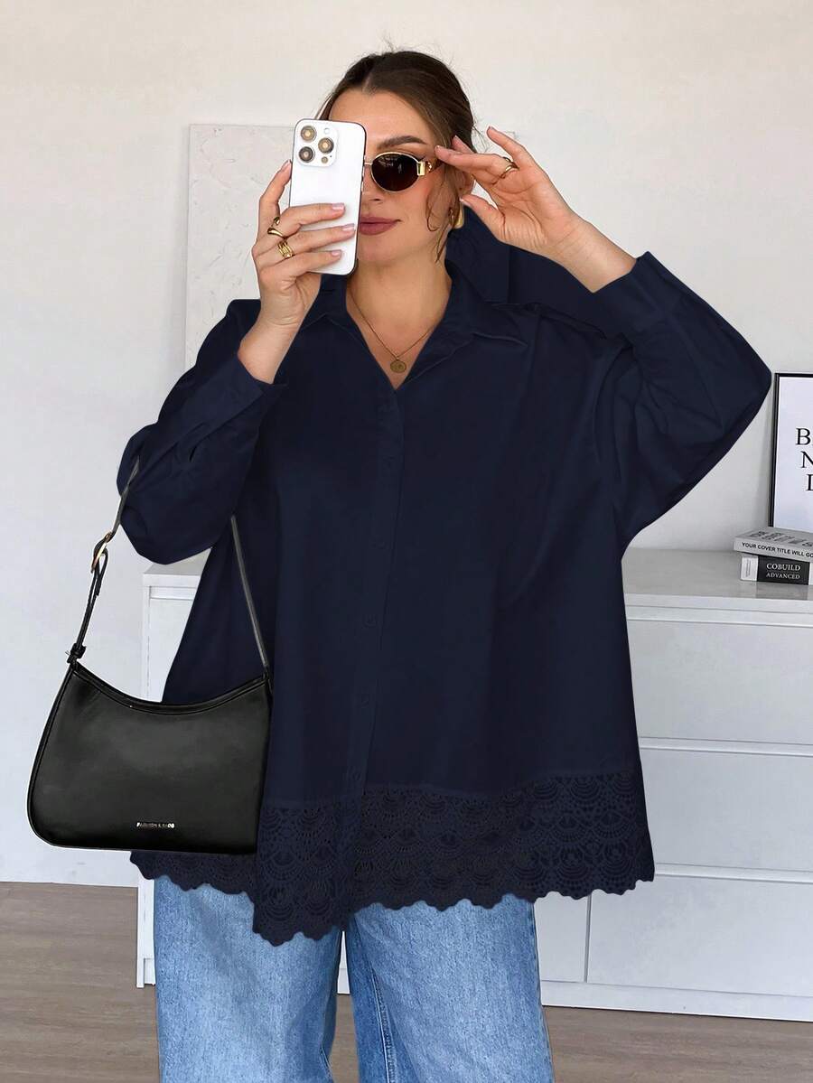 SHEIN Essnce Camisa de mujer talla grande, blusa de primavera, blusa de salida, parche de encaje, ropa de San Valentín, blusas de verano para salir, ropa de primavera, atuendos de rave, atuendos de festival, atuendos de primavera para mujeres