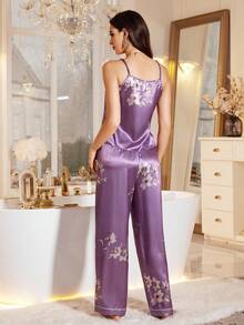 LuxeNights 女士花卉印花吊带背心和裤子睡衣套装 - 紫色 - 查看 2