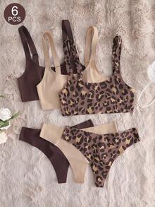 6pcs Women Casual Leopard Print Comfortable Minimalist Wireless Bra And Low-Rise Thong Panty Set