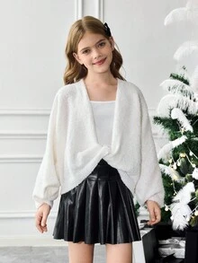 SHEIN 少女休闲长袖针织开衫毛衣，秋冬白色毛衣，交叉深V领宽松优雅简约毛衣，长袖上衣，秋冬休闲宽松针织毛衣，母女装，时尚秋季，母女装 - 白色 - 查看 16