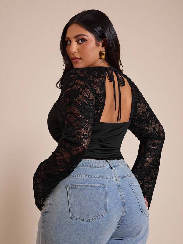 SHEIN BAE بلوزة نسائية كبيرة الحجم مصنوعة من الدانتيل والرقعة ذات الأكمام الطويلة والقصة المناسبة