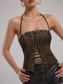 SHEIN BAE Summer Road Party Club Queue Music Festival Concert Fashionable Street Wear Sexy Brown Solid Color Vintage Washed Faux Leather Metal Criss-Cross Halter Neck Top For Women,Brown Top
