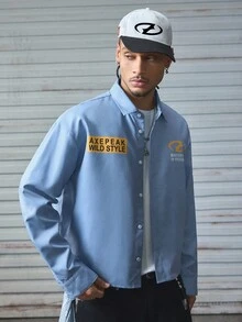AXEPEAK 休闲街头宽松短款长袖男士衬衫，秋季 - 霧霾藍 - 查看 5
