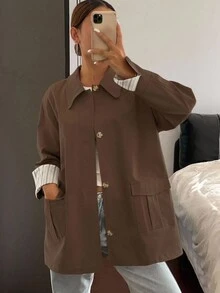 Livesso 拼接撞色宽松长袖翻领口袋女式常规外套，秋季女装女式外套 - 咖啡棕 - 查看 3