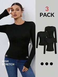 SHEIN Tall 女款 3 件組黑色長袖上衣，圓領休閒修身純色 T-shirt 套頭衫套裝，秋季春季日常基本修身上衣，適合高個女性 - 黑色 - 查看 2
