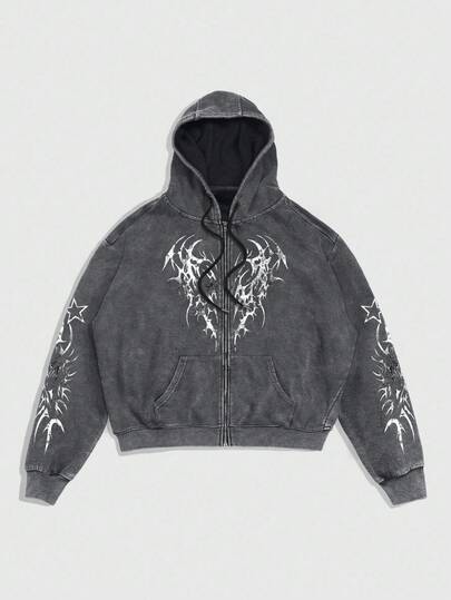 Goth Felpa con cappuccio e chiusura lampo, stile casual da strada, con stampa grafica, autunnale, da uomo