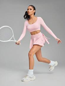 Innovista Women's Sporty Tennis & Ballet Set, Crop Top With Long Sleeves, Athletic Skirt & Built-In Shorts, Pocket Detail, Breathable Stretchy Workout Outfit, Essential Activewear For Running, Biking, Gym, Office To Court, Brunch To Gym, Fall Tenniscore, Pink Athleisure Suit, Comfortable & Versatile Fall Winter Striped Design, Utilitarian Chic - Dusty Pink - View 9