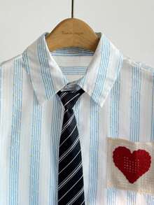 Manfinity Unisex 男士条纹短袖心形口袋休闲宽松衬衫 - 藍色 - 查看 6