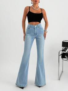 EURMUSE 低腰 Y2K 斜口袋喇叭牛仔裤 - 中等水洗藍 - 查看 7