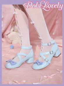 Dola Lovely 女士蝴蝶结玛丽珍鞋，圆头扣带粗跟浅口鞋，时尚百搭白色鞋子 - 淺藍色 - 查看 3