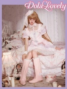 Dola Lovely Women's Pointed Toe Bow Decor Patchwork Ruffle Trim Mid-Calf Boots - Pink - View 7