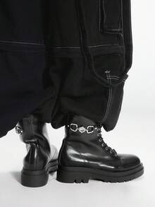 Sugerpunk Women's Gothic Style Round Toe Chunky Heel Boots With Metal Buckle Design, PU Leather, Punk, Suitable For Party, Daily Wear, And Casual