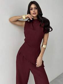 Firerie Khaki Minimalist Elegant Casual Commute Office Outfit: Sleeveless Asymmetric Ruched Waist Women's Blouse + Regular Ruched Wide Leg Women's Pants, Linen Commute Suit, Beach Outfits For Women, Airport Outfit, Vacation Outfits, Teacher Outfit