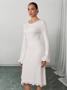 Modelyn Women's Elegant Solid Color Ruffle Flare Sleeve Knit Dress - White - View 4