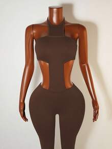 Mistrie Women's Sexy Minimalist Solid Color Backless Tie-Front Bodysuit, Summer - Brown - View 6