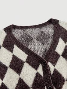 SHEIN MOD Women's Plus Size Classic Plaid Knit V-Neck Cardigan,Brown Autumn Fuzzy Sweater Jacket,2000's School Back-To-School Coffee & Apricot Loose Outerwear - Multicolor - View 4
