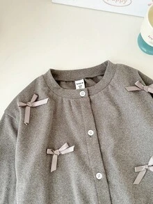 Genkimix Kids Modische Mädchen Minimalistische 3D Schleifen Schleife Dekor Rundhals Locker Strickjacke Oberbekleidung, Dunkelgrau, Alltagstragen für den frühen Herbst - Grau - Übersicht 4