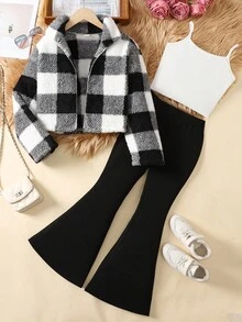 SHEIN Bộ 3 món cho bé gái tuổi mới lớn: Áo khoác ngắn kẻ caro dệt kim, áo hai dây dệt kim trơn màu và quần ống loe - Đen và trắng - Xem 1
