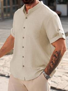 Manfinity Homme Camisa casual de manga corta de un solo pecho con unicolor talla grande para hombres - Albaricoque - Ver 4